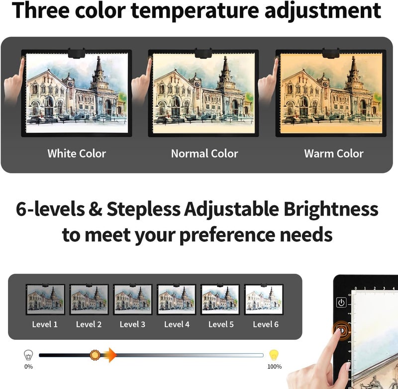 Zocelight Rechargeable A3 Light Pad for Diamond Painting with Padded Case,Light Board with Stand,3 Colors Stepless Dimmable and 6 Levels of Brightness Light Box for tracing,Drawing,Sketching,Animation - Image 5